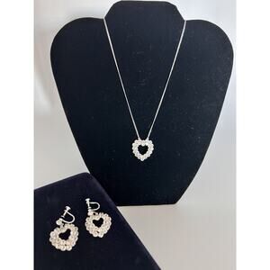 Antique Marked Sterling Silver AB Rhinestone Heart Necklace & Earrings Set